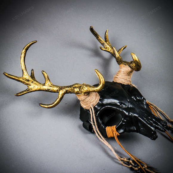 Antelope Devil Gold Deer Horn Skull Ghost Masquerade Mask - Black - Picture 5 of 8